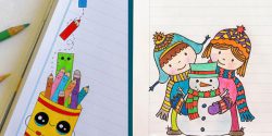 نقاشی تزیین دفتر مشق با طراحی های کودکانه و بامزه