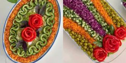 تزیین سالاد کاهو و خیار و گوجه و هویج با مدل های ساده و جدید