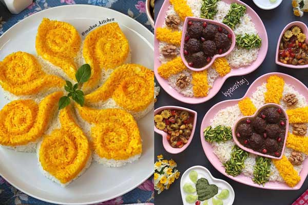 تزیین برنج در دیس بیضی تزیین برنج با رنگ غذا تزیین برنج با زعفران و زرشک و مرغ تزیین برنج با زرشک و زعفران ساده تزیین برنج بدون قالب تزیین برنج و مرغ