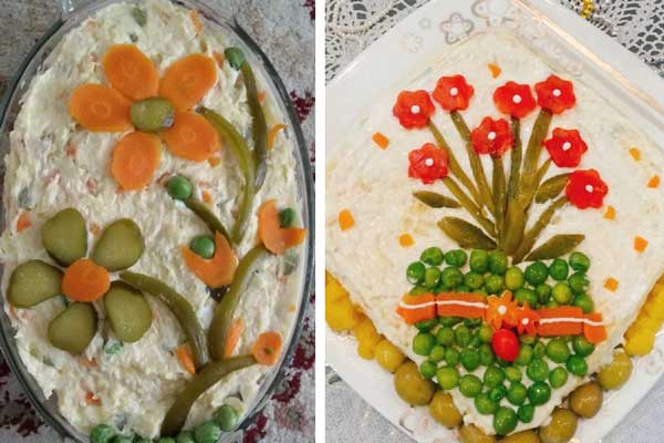تزیین سالاد الویه ساده و شیک تزیین سالاد الویه با خیارشور و نخود فرنگی تزیین سالاد الویه با خیارشور و هویج تزیین سالاد الویه جدیدترین آموزش تزیین سالاد الویه برای مهمانی عکس تزیین سالاد الویه زیبا