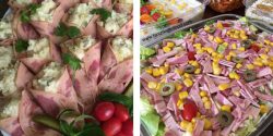 تزیین سالاد ماکارونی با کالباس و خیارشور برای مهمانی