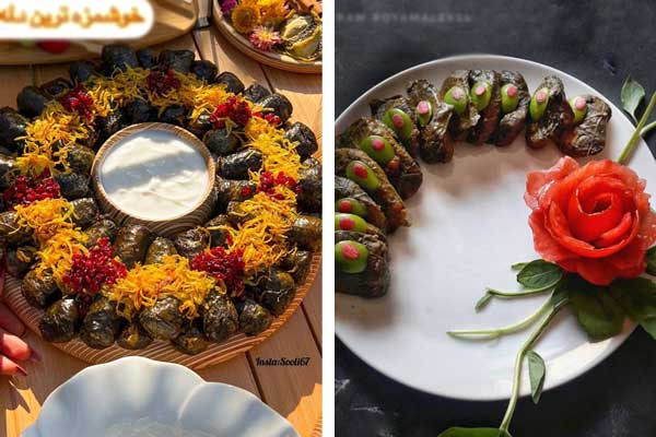 تزیین دلمه کلم برای مهمانی تزیین دلمه فلفل و بادمجان و گوجه تزیین دلمه برای شب یلدا تزیین دلمه برگ مو با زرشک تزیین دلمه برگ مو و کلم تزیین دلمه با گوجه