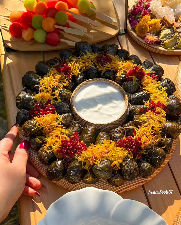 تزیین دلمه برگ مو با زرشک