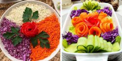 تزیین سالاد کلم و کاهو مجلسی با دیزاین خیار و گوجه