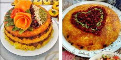 تزیین ته چین مرغ مجلسی گرد و مستطیلی با زرشک و زعفران