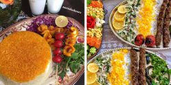 تزیین کباب در دیس برای سفره شام به همراه پلو و گوجه