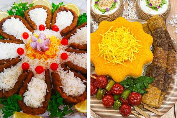 تزیین کباب کوبیده مجلسی  تزیین جوجه کباب برای مهمان تزیین کباب کوبیده در دیس تزیین کباب کوبیده با برنج تزیین جوجه کباب با جعفری تزیین کباب مرغ در دیس