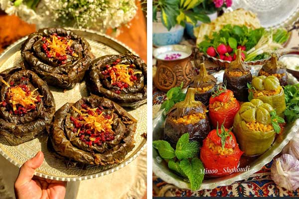 تزیین دلمه برای مدرسه تزیین دلمه مجلسی تزیین دلمه برگ مجلسی تزیین دلمه کلم برای مهمانی تزیین دلمه برگ مو با زرشک تزیین دلمه فلفل و بادمجان و گوجه