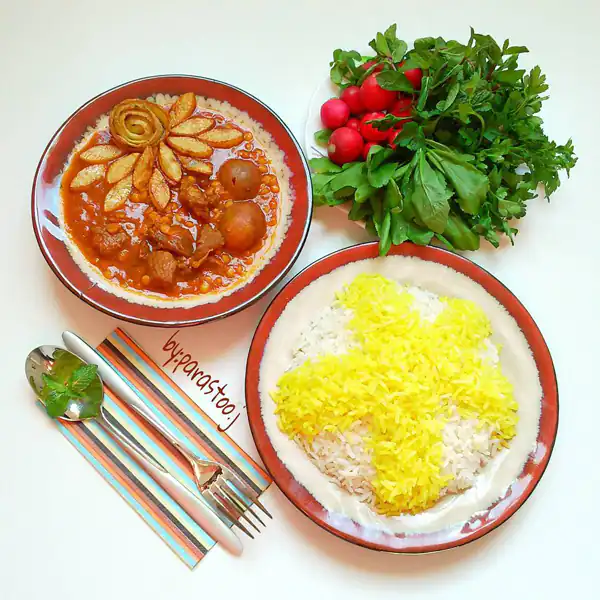 تزیین خورشت قیمه با برنج