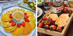 تزیین پنکیک با توت فرنگی و موز و شکلات برای ایده صبحانه
