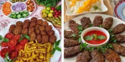 تزیین شامی و کتلت مجلسی در دیس با گوجه و خیارشور