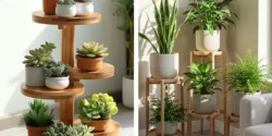 مدل استند چوبی برای گلدان با طراحی چند طبقه و کاربردی