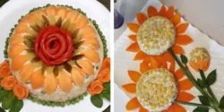تزیین سالاد الویه با هویج و خیارشور برای ایده گرفتن