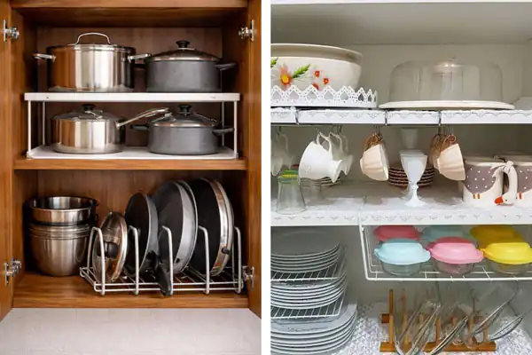 روش چیدمان داخل کابینت برای نظم دهی به ظروف و قابلمه