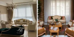 چیدمان مبل جلوی پرده پذیرایی با ایده های دکوراسیون شیک