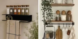 مدل شلف آشپزخانه فلزی با ترکیب چوب برای جای ادویه و بانکه