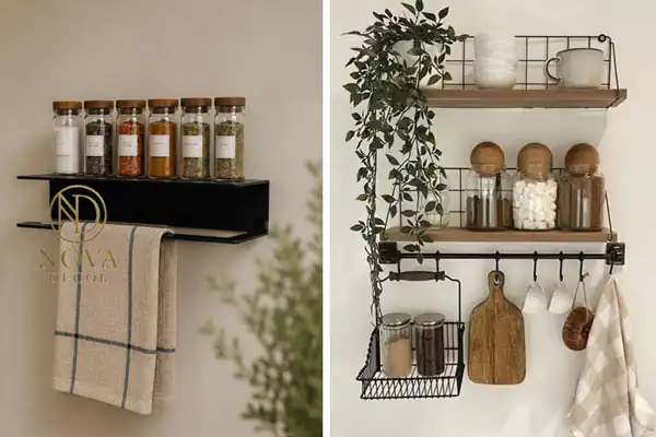 مدل شلف آشپزخانه فلزی با ترکیب چوب برای جای ادویه و بانکه