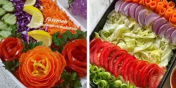 تزیین سالاد تو ظرف مستطیل با خیار و گوجه و هویج