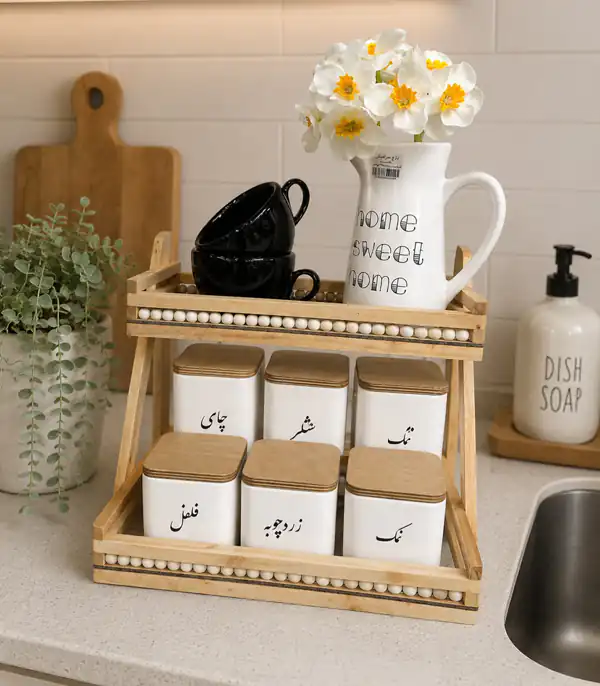 استند دو طبقه چوبی کنار گاز